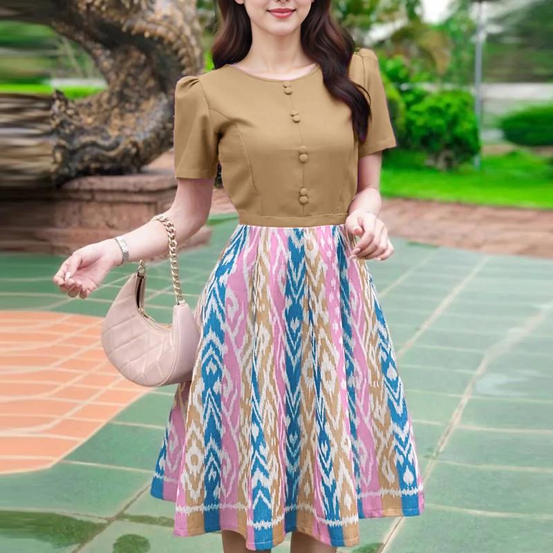 ZANZEA Women Casual Round Neck Short Sleeve Print Patchwork Dress