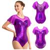Women Stage Performance Leotard Metallic Mesh Patchwork Flutter Sleeve Ruched Front Cross U Back Ballet Dance Bodysuit