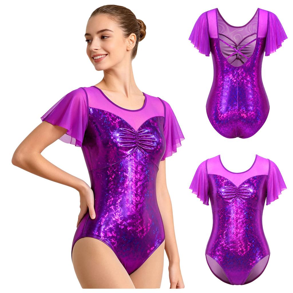 Women Stage Performance Leotard Metallic Mesh Patchwork Flutter Sleeve Ruched Front Cross U Back Ballet Dance Bodysuit
