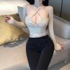 Big Breasts Hot Girl Sexy Pure Desire Straps Tight Long-sleeved T-shirt Hanging Neck Hollow Low-cut Short Square Collar Top Women