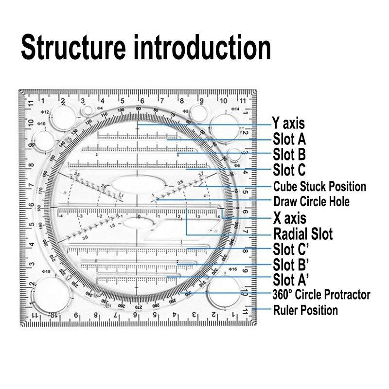 2pc Multifunction Rotatable Drawing Template Art Design Construction Architect Geometry Circle Drafting Measuring Scale Ruler