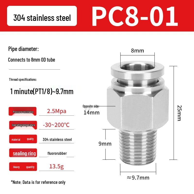 304 Stainless Steel Pneumatic Quick Push-in Connector, PC16-06/PC8-02 Swivel Elbow, PL6-M5/04