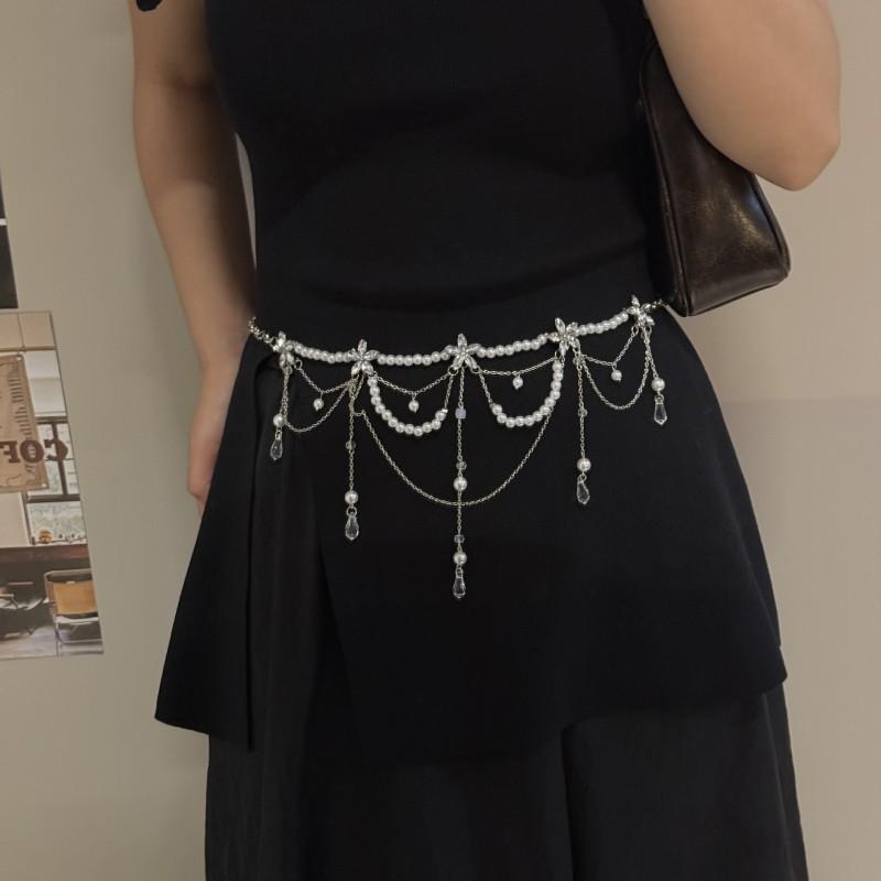Womens Layered Pearl Flower Chain Waist Belt With Tassels Sweet Chic Boho Pearl Flower Tassel Waist Chain 553