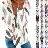 Women's Fashion Spring Loose Casual V Neck Zipper Print Long Sleeve T-Shirt Top