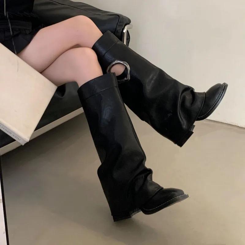 Designer Women's Boots Retro Knee-high Boots Fashion Straight Leg Pants Boots Women's Thick Heeled Platform Booties Botas Mujer