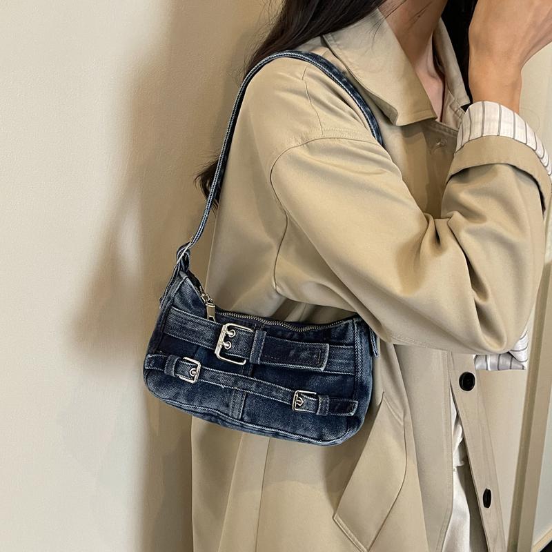 Y2K Washed Denim Shoulder Bag with Buckle Detail Zipper Closure Casual Underarm Purse for Daily Use