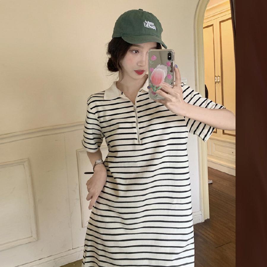 

Spring Women s Dresses French Style Trendy Pleated Striped Knit Midi Skirt One Size бежевий
