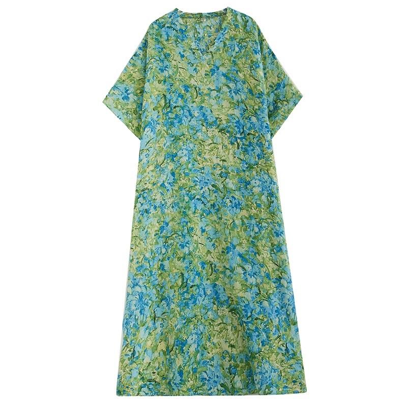 

Новое хлопковое винтажное платье с цветочным принтом больших размеров с короткими рукавами для женщин, повседневное свободное длинное летнее платье макси