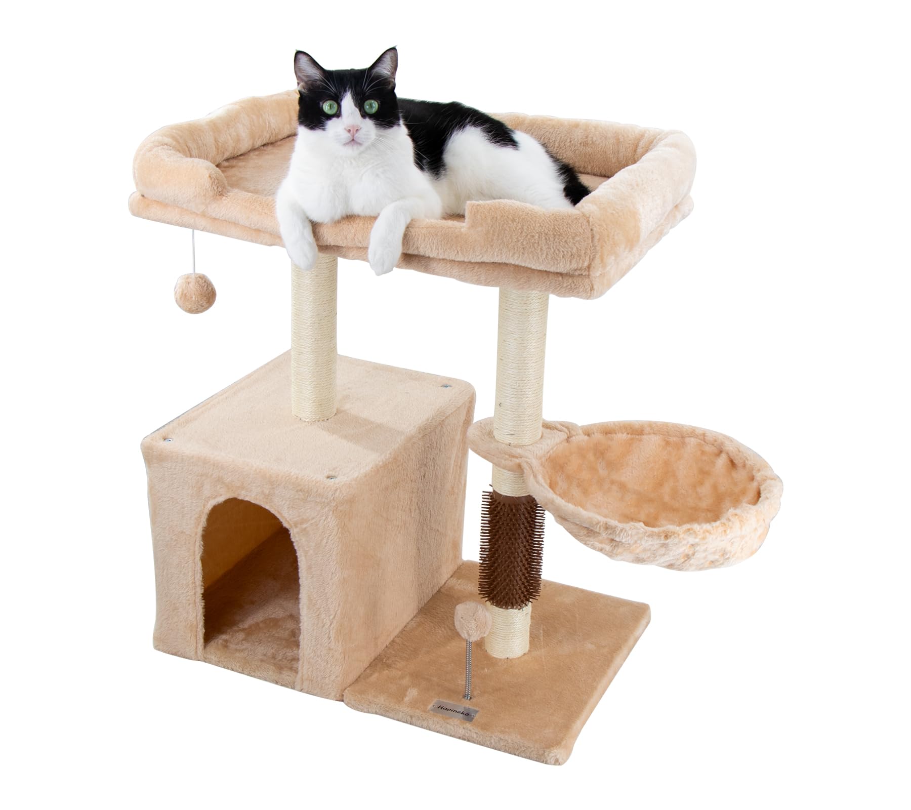 

Hapineko Mini Cat Tower Compact Cat Tower with Scratching 2 Overlooking Observation Hidden and Hammock Height 72cm - Small, Low, Self-Grooming, Post, бежевый