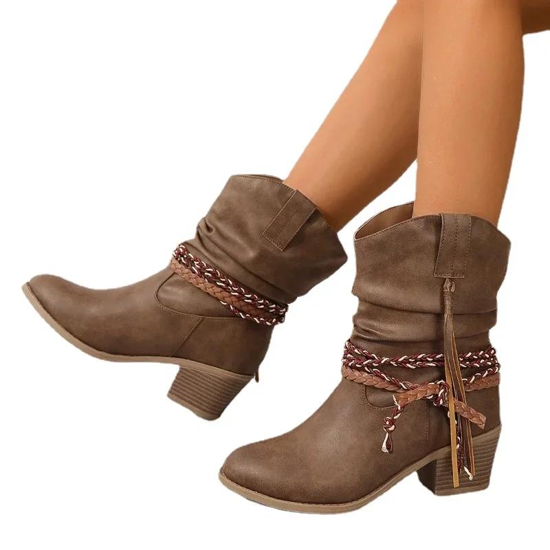 2024 Brand Women's Shoes Slip-on Women's Boots Fashion Pleated Daily  Boots Women Hot Sale Round Toe Square Heel Ankle Boots