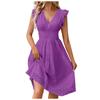 Summer Women V-Neck Beach Dress Flare Sleeve Solid Color Hollow Lace Waist Dress Casual Beach Holiday Dresses