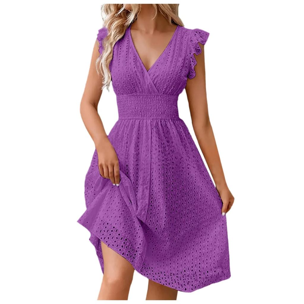 Summer Women V-Neck Beach Dress Flare Sleeve Solid Color Hollow Lace Waist Dress Casual Beach Holiday Dresses
