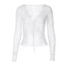 Shemoda Fashion Ins Sexy Semi-Transparent Lace V-neck Cardigan Tether All-Matching Outer Wear Long Sleeves T-shirt Short Top for Women