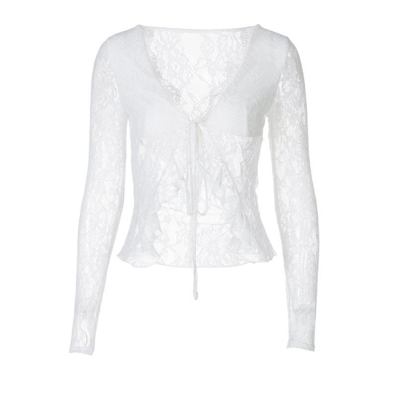 Shemoda Fashion Ins Sexy Semi-Transparent Lace V-neck Cardigan Tether All-Matching Outer Wear Long Sleeves T-shirt Short Top for Women