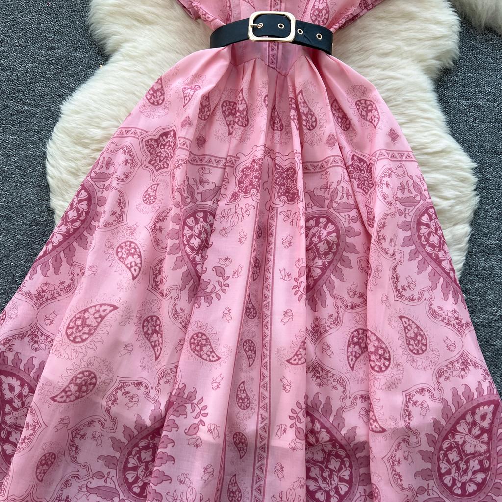 Kobiety Różowa Długa Sukienka Letnia Francuska Retro Krótki Rękaw Drukowane Sukienki Imprezowe Damskie Wąskie A-line Elegancka Długa Suknia Vestidos