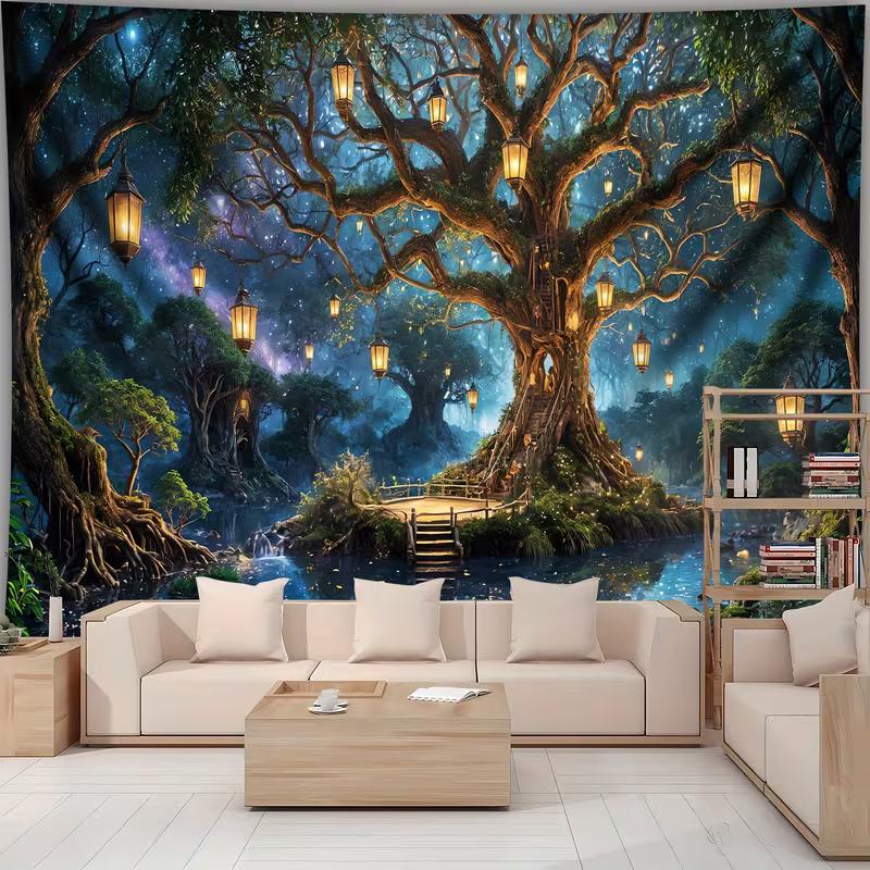 2D Magical Treehouse Tapestry Enchanted Forest with Glowing Lanterns Wall Hanging