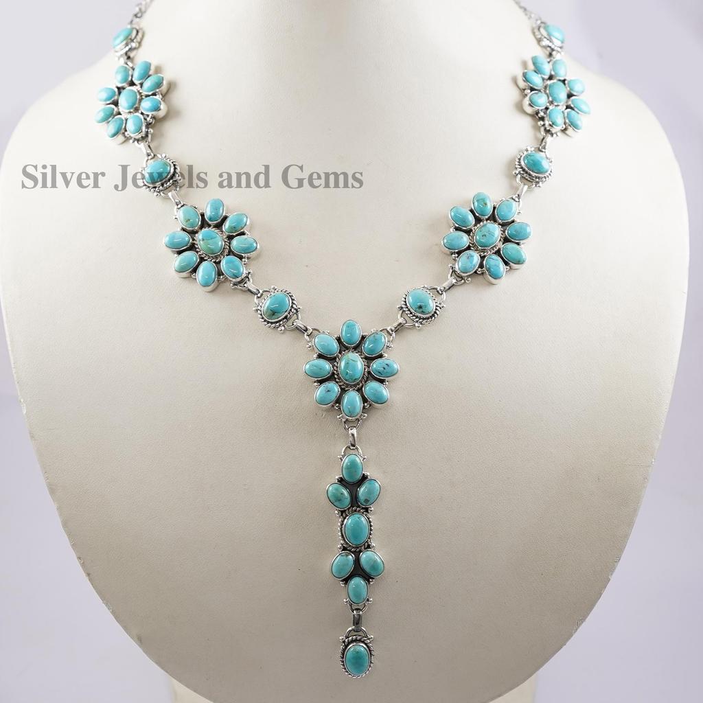 Natural Arizona Turquoise Long Necklace, Engagement Necklace, 925 Sterling Silver Necklace, Multi Stone Necklace, Handmade Gemstone Necklace