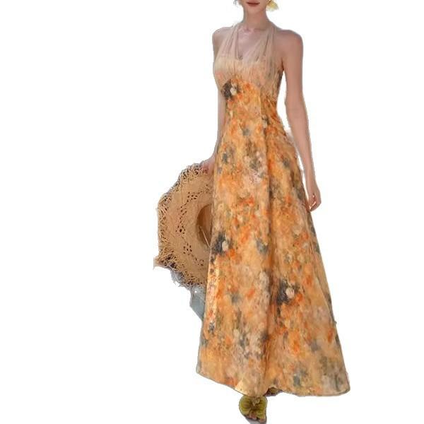 Monet Garden Yellow Neck Dress Huge Beautiful Skirt Dress Dopamine Island Bright Seaside Vacation