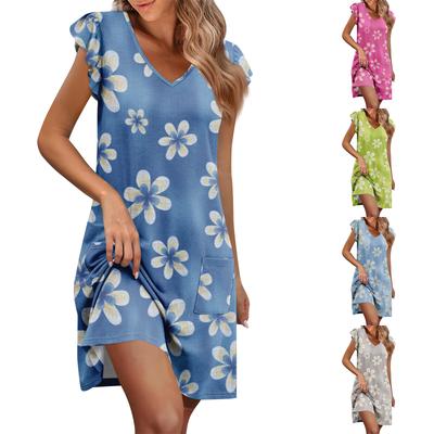 Womens Summer Dress Ruffle Sleeve V Neck Short Dresses Fashion Casual Flowy A Line Swing Sundress With Pocket