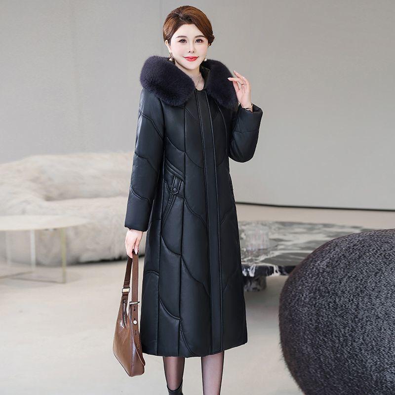 Winter Women's Genuine Leather Jacket Over-the-Knee Long Sheepskin Padded Coat Thickened Windproof Warm Camel Wool Coat