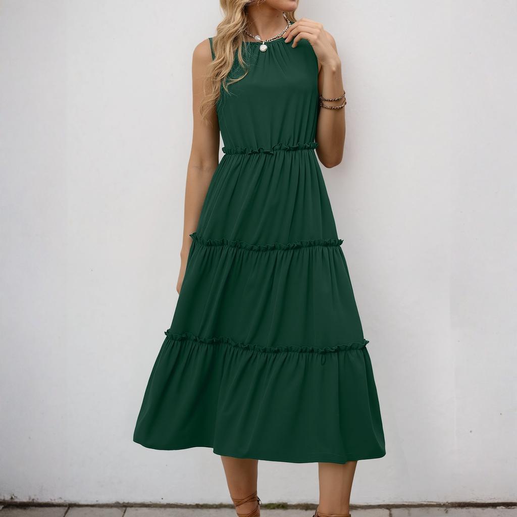 Sleeveless Women's Dress Casual Flowy A-Line Midi Tshirt Dresses With Pockets Crewneck Vocation Boho Beach Sundress