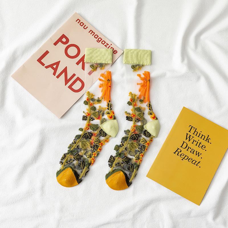 Creative Harajuku New Product Crystal Silk Tide Socks Funny Sunflowers Thin Glass Silk Tube Women's Trendy Socks Female