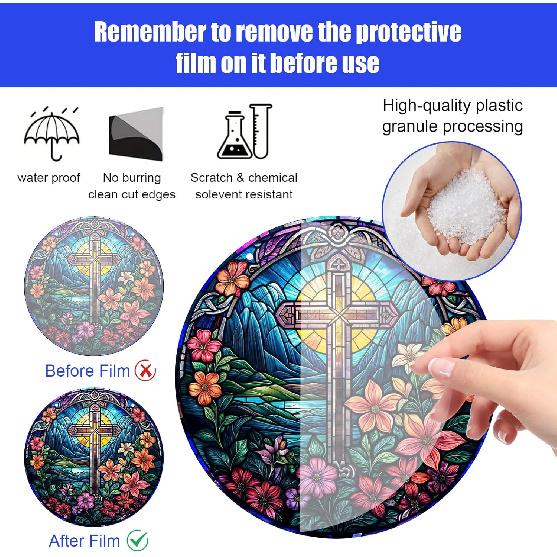 Yafuidil Acrylic Hanging - 1Pcs Wreath Cross Theme Round Stained Acrylic Hanging Ornament Window Hanging for Indoor Outdoor Decor, Garden Decoration