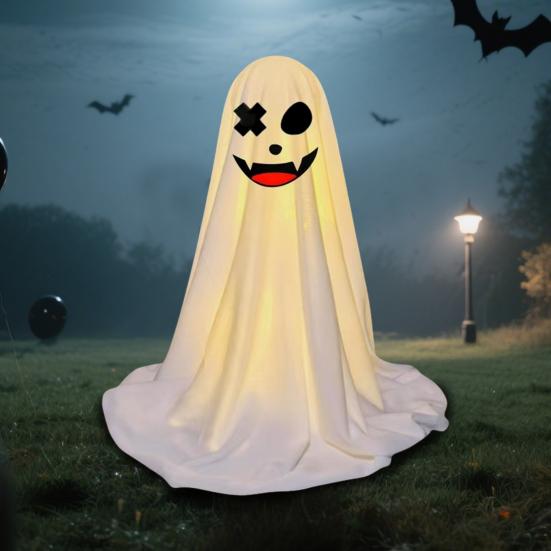 LED svítící figurka ducha Halloween Vnitřní dekorace ducha z bílé látky s dálkovým ovládáním pro domov, kuchyň, krbovou římsu, stůl, stolní desku, party dekorace