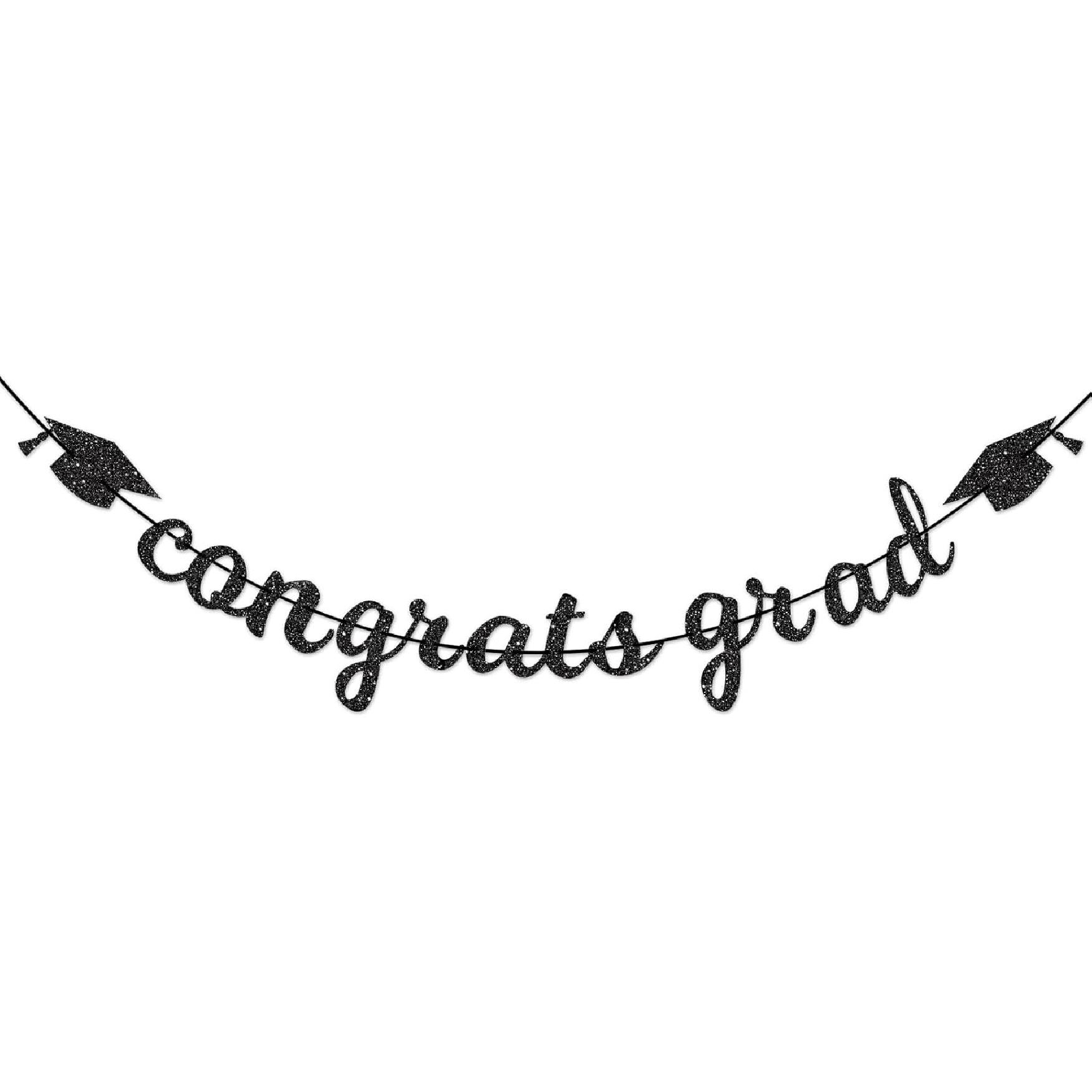 Congrats Grad Banner Decorations - Hanging Glitter Graduation Banner with Cap Garland Sign Bunting for Graduation Celebration Photo Backdrop, College