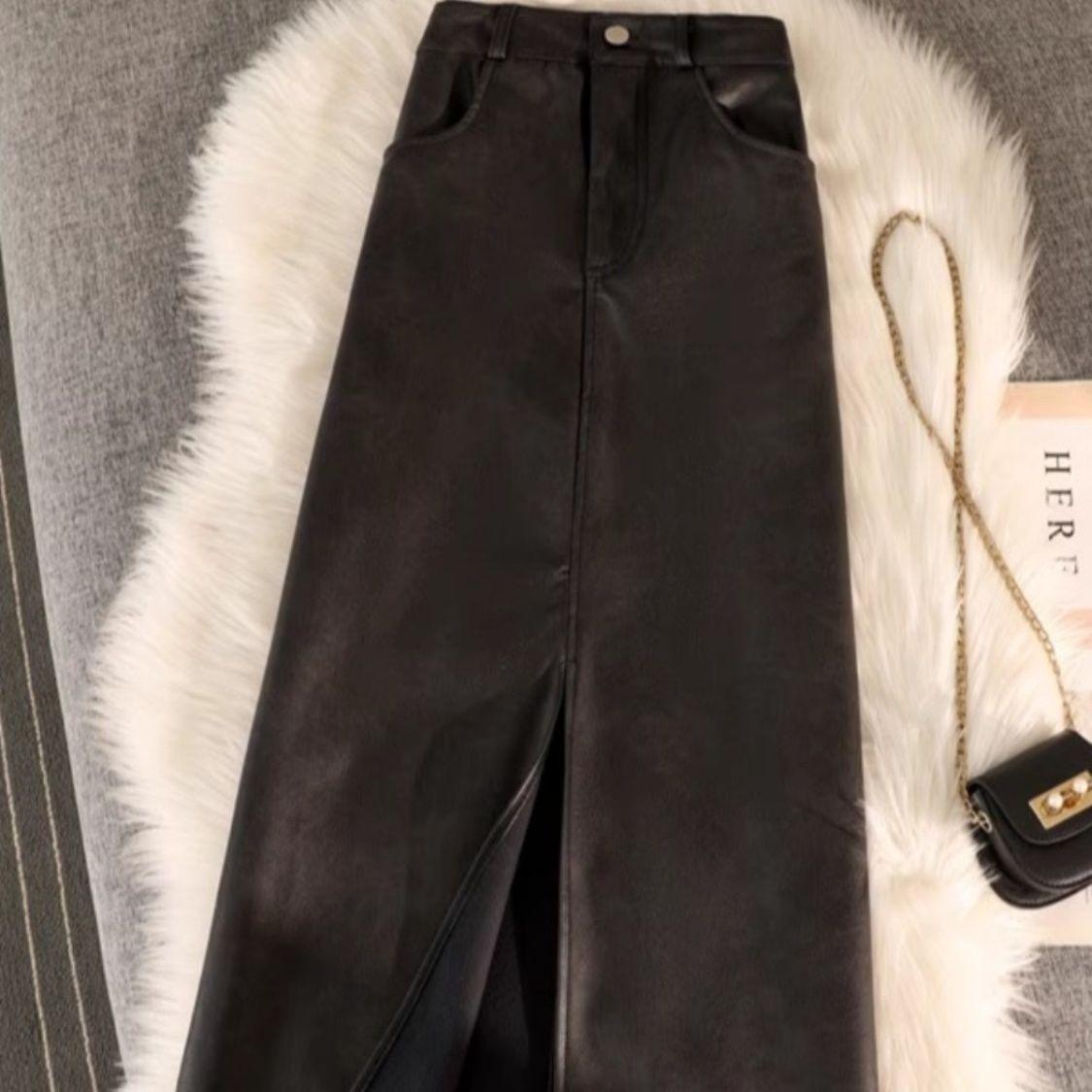 

Жіноча осінньо-зимова спідниця-олівець міді з високою посадкою, ретро, шкіряна, кольору майярдового коричневого з розрізом L