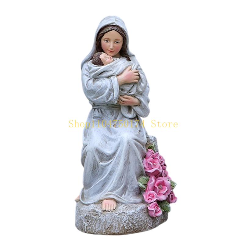 Sitting Mother Child Figurine with LED Light Religious Holy Family Statue Living Room Decoration Heartwarmings Gift top sale