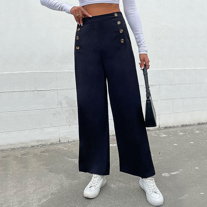 YYFS Damenmode, lässig, einfarbig, mit Knöpfen, Hosen und Caprihosen