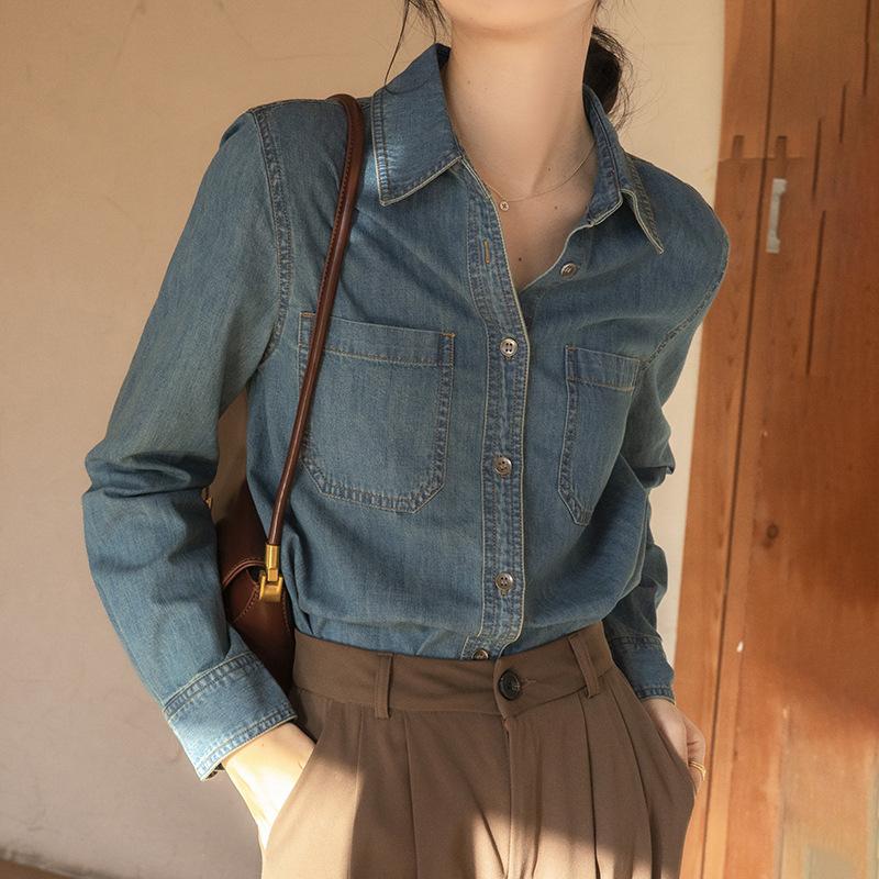 Retro Blue Front Shoulder Denim Shirt for Women In Spring and Autumn New Design Niche French Top Underwear Shirt