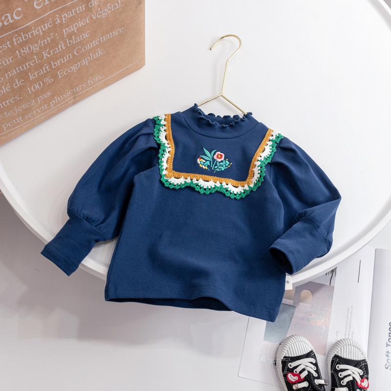 Girls Long Sleeve T Shirt Spring Autumn Sweet Lace Trim Bowknot Top Kids Casual Inner Wear Base Layer Blouse 80cm темно-синий