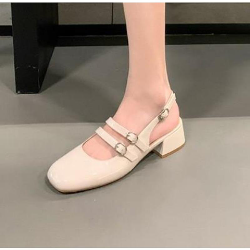 New Classic Red Mary Jeans Woman Patent Leather Med-High Heels Sandals Two Buckle Strap Shoes Femme Slingback Shoe Zapatos Mujer