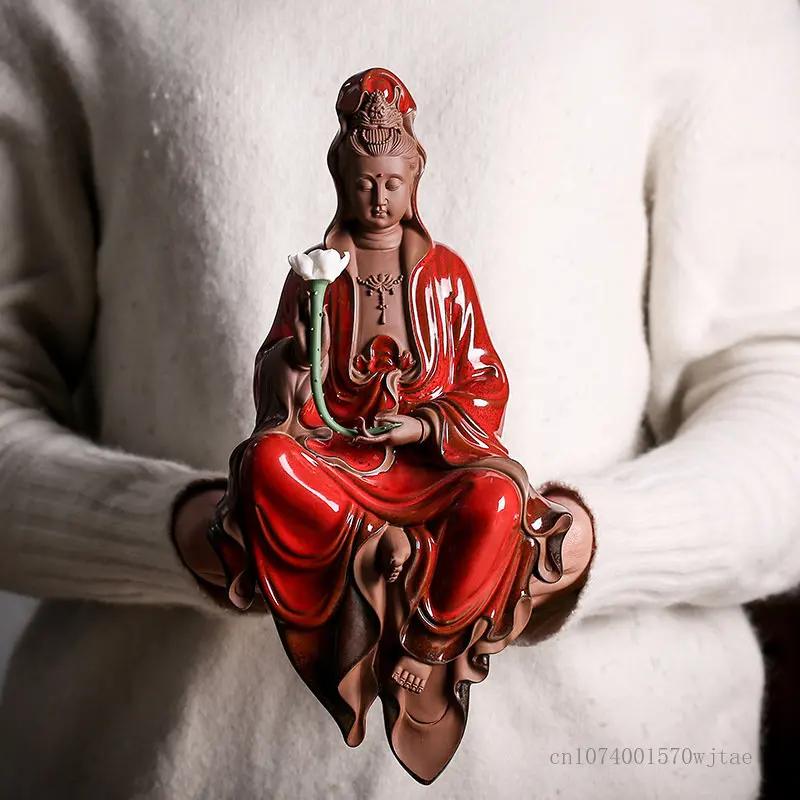 Zisha Guanyin Zen Statue Dekorationen, Keramik Buddha Statuen mit sitzendem Bodhisattva, Klassisch Chinesisch, Kreativ, 1 Stück