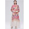 2026 Summer Holiday Chiffon Gorgeous Flower Maxi Dress Women's Stand Long Lantern Sleeve Sashes Floral Print Loose Robes
