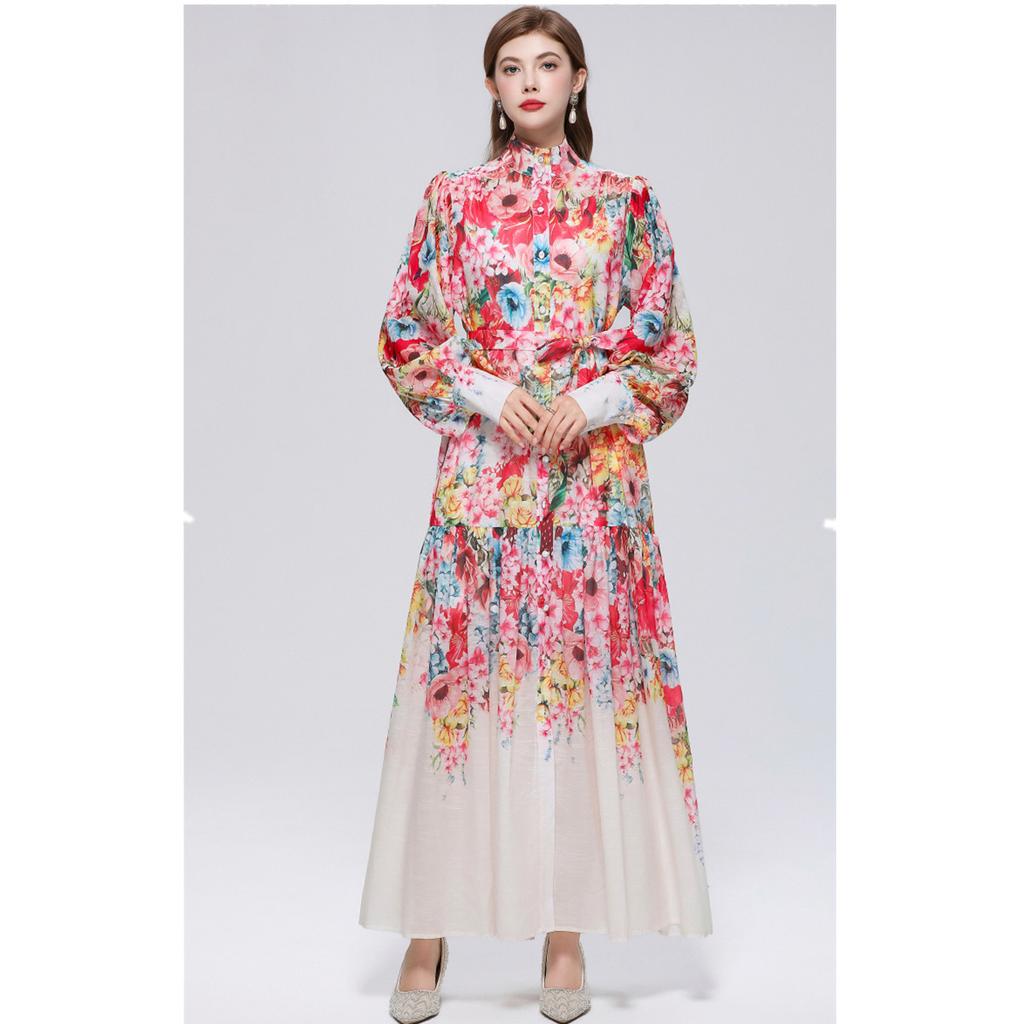 2026 Summer Holiday Chiffon Gorgeous Flower Maxi Dress Women's Stand Long Lantern Sleeve Sashes Floral Print Loose Robes