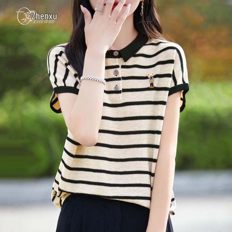 Zhenxu Embroidered Bear Striped Color-Block Knit Polo Tee M