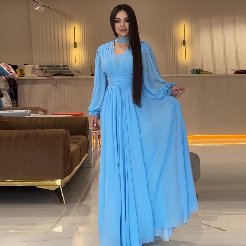 

Элегантное женское длинное платье с V-образным вырезом, высокой талией и рукавами-фонариками, однотонное, осень 2024. Extra Large