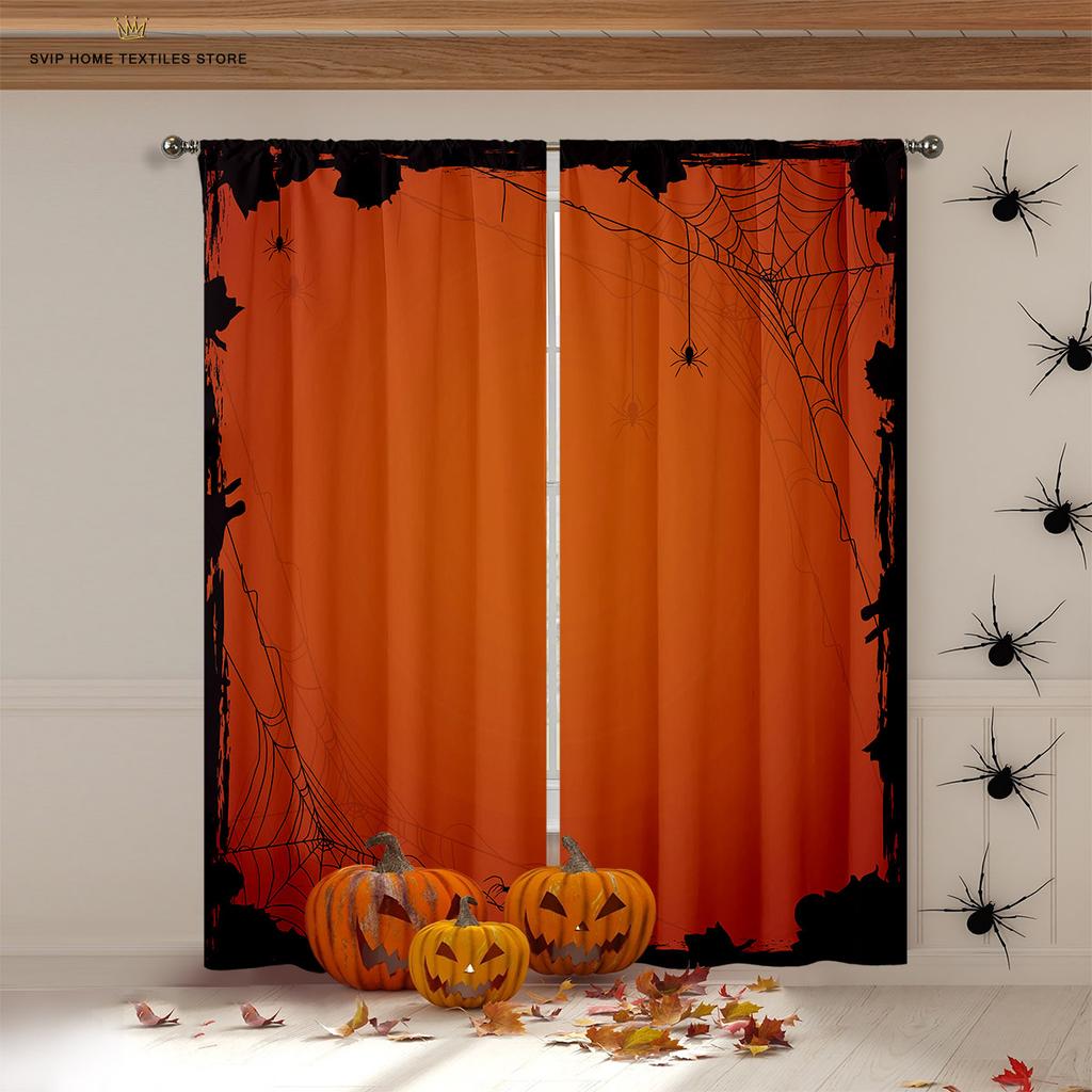 Halloween Horror Pumpkin Cartoon Print Curtains, Blackout, Heat Insulation, Restaurant, Bedroom, Party Decoration