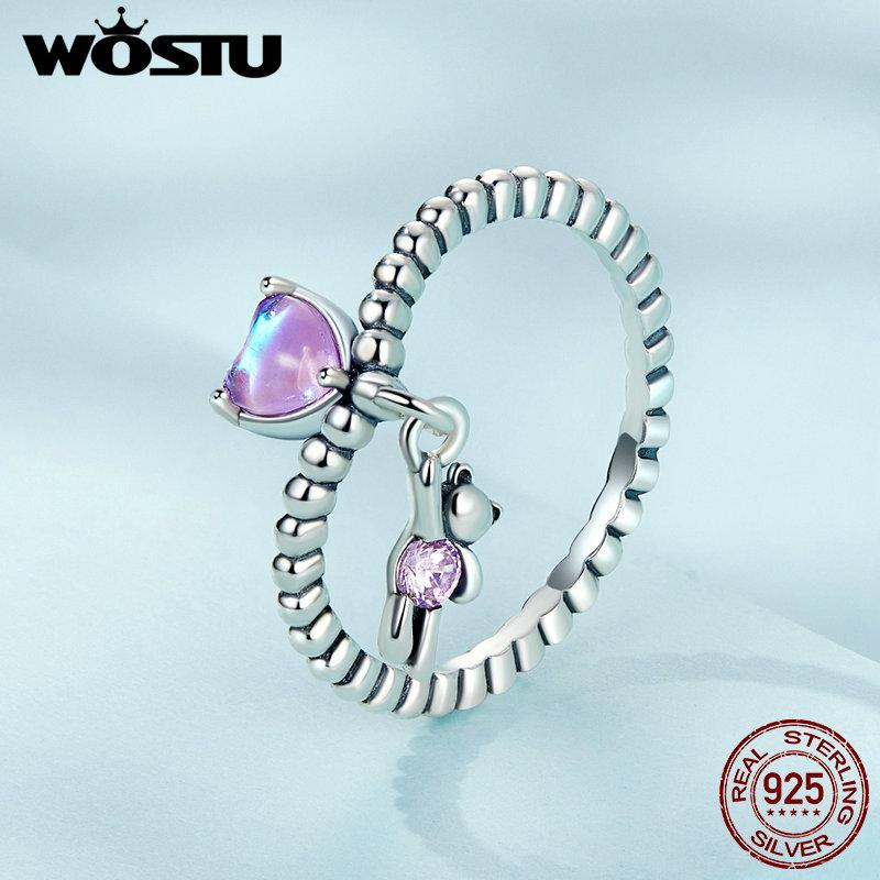 

WOSTU стерлингового серебра 925 пробы с блестящим розовым цирконием, кольцо с воздушным шаром в виде медвежонка для женщин, подарок на день рождения, ювелирные изделия 8