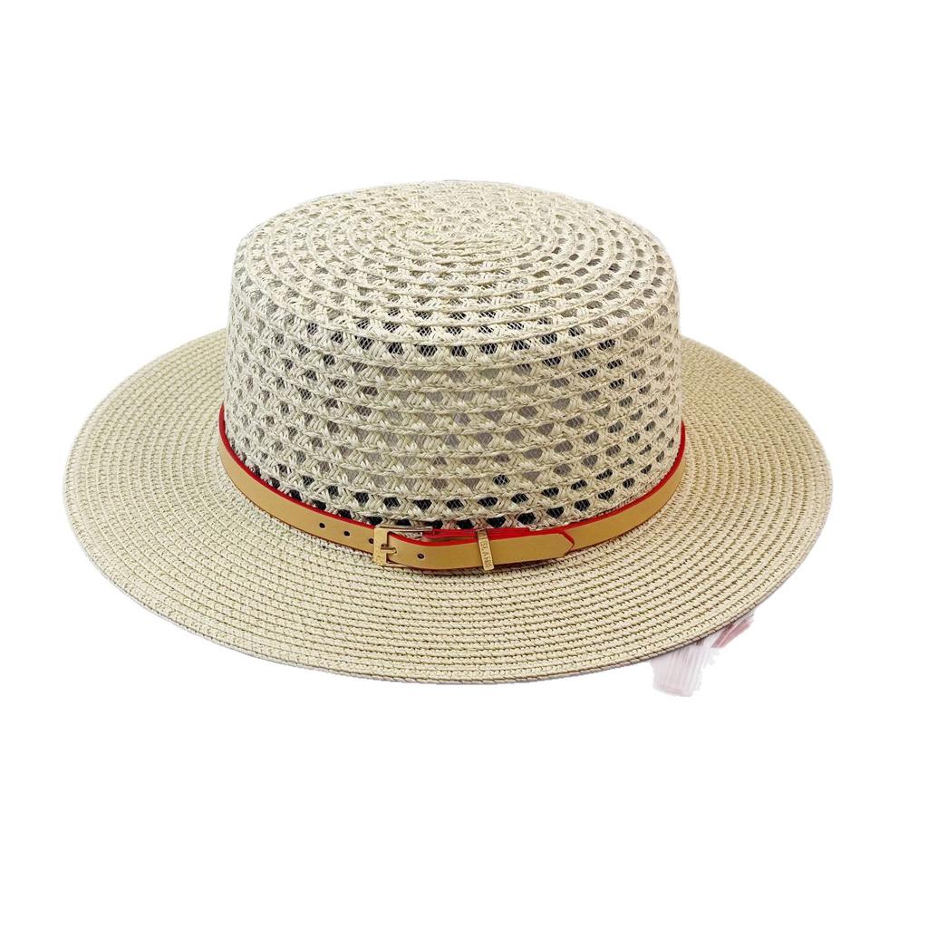 French flat-top straw hat women's high-end hollow belt fashion sunshade sunscreen large brim straw hat seaside beach hat