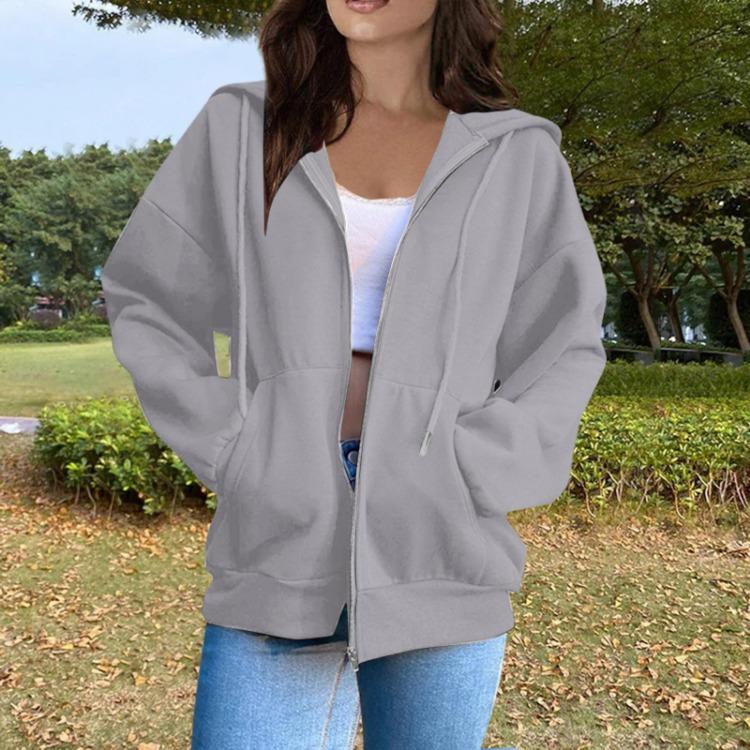 Women's Casual Solid Color Long Sleeve Zippered Hooded Sweatshirt Fashion Top