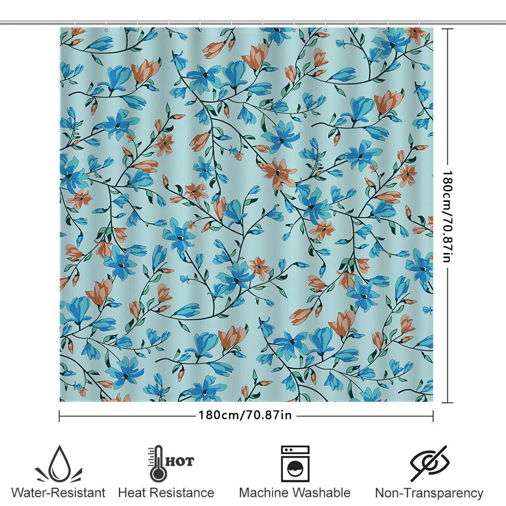 Modern Flower Blue Decor Shower Curtain Waterproof Fabric Bathroom Liner For Home Decoration In White Blue Colors Size: 69 X 70