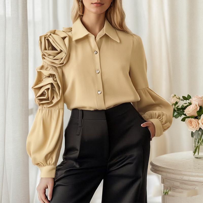 

ZANZEA Женская повседневная блузка с отложным воротником, длинным рукавом и 3D-цветами 5XL хаки