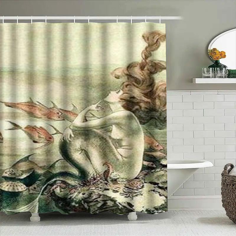 Vintage Mermaid Shower Curtain With Fish Design Waterproof Fabric Decor For Bathroom