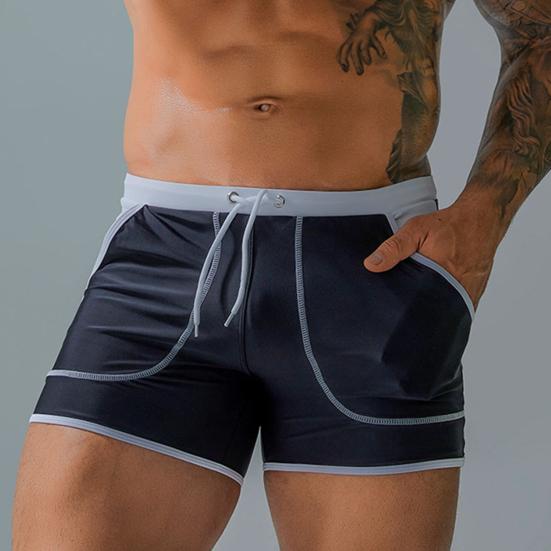 Men Summer Swimming Trucks Mid-rise Drawstring Patchwork Color Pocket Swimming Shorts Quick-Drying Stretch Beach Surfing Shorts