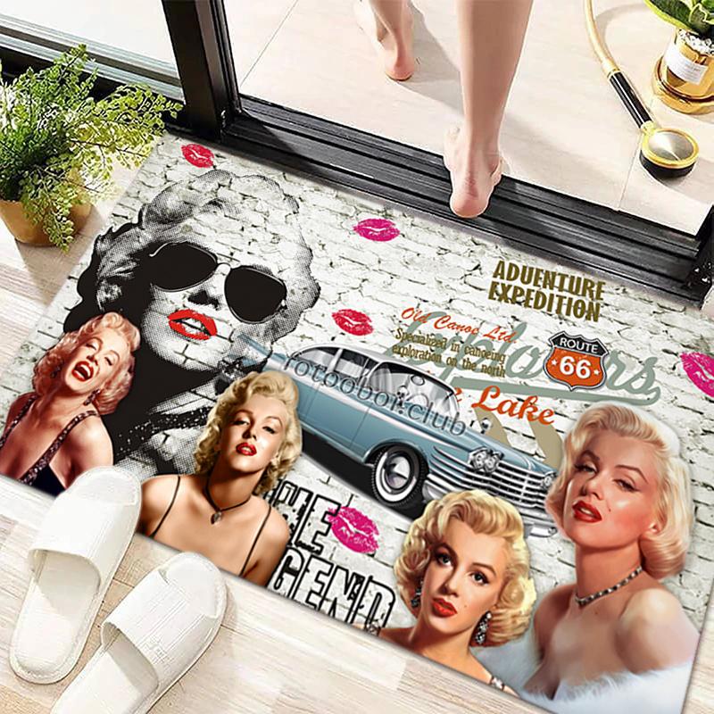 Famous Sexy Goddess Marilyn Monroe Carpet-Soft Polyester Floor Mat with Vintage Car Design,Pink&White Checkered Pattern,Perfect f 60cm x 90cm
