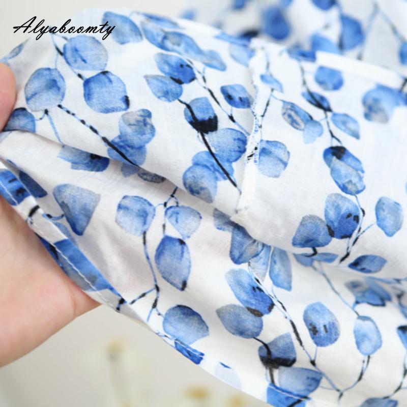 Korean Style Summer Autumn Women Midi Skirt High Waist Blue Floral Print Vintage Skirt Cotton Linen Retro A-Line Soft Skirt